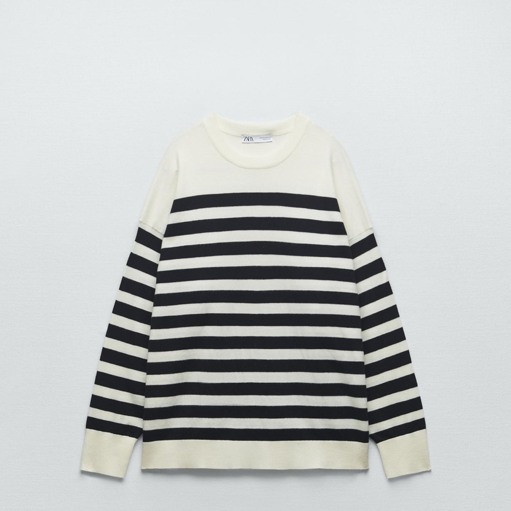 Zara Black and White Striped Crewneck Top